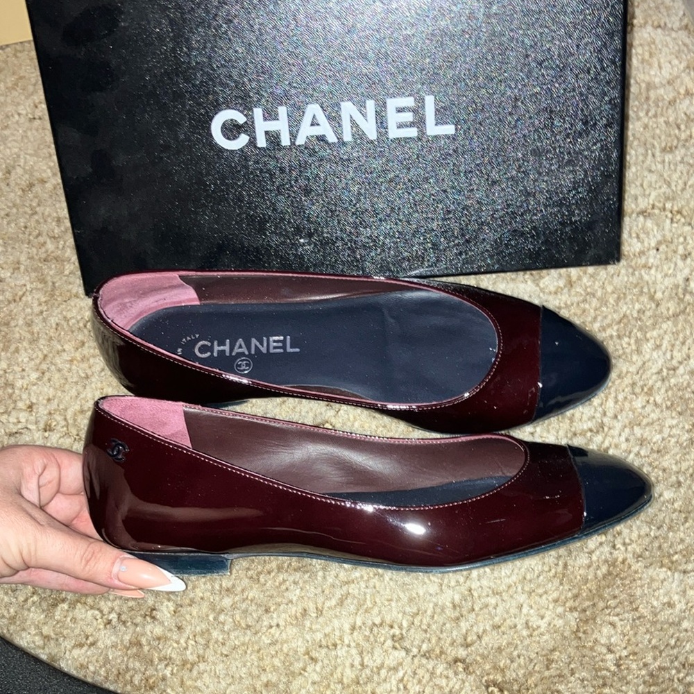 Chanel Burgundy and Black Women's Flats